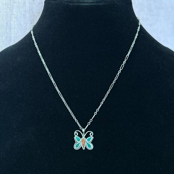 Handmade Jewelry - Vintage Sterling Silver 925 Butterfly Turquoise and Coral Chip Pendant 19” Chain